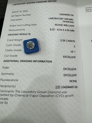Αγορά 2.09CT E VS1 3EX Στρογγυλοκομμένη CVD Μεγαλωμένο διαμάντι Πιστοποιητικό IGI LG624443136 online manufacture