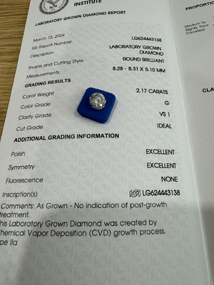 Αγορά 2.17CT G VS1 3EX Εργαστήριο CVD Δημιουργήθηκε Διαμάντι Στρογγυλοκομμένο Πιστοποιητικό IGI LG624443138 online manufacture