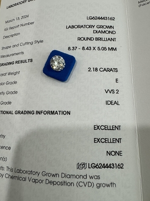 Αγορά 2.18CT E VVS1 ID EX CVD Συνθετικό διαμάντι στρογγυλό λαμπερή κοπή online manufacture