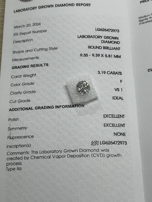 Αγορά 3.19CT F VS1 3EX Εργαστηριακά καλλιεργημένο CVD Διαμάντι στρογγυλοκομμένο Πιστοποιητικό IGI LG626472973 online manufacture