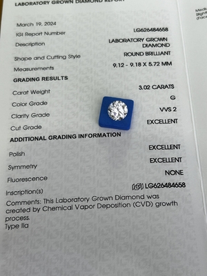 Αγορά 3.02ct CVD Εργαστήριο Μεγάλωτος Διαμάντι Στρογγυλοκόπημα G VVS2 3EX N Πιστοποιημένο IGI online manufacture