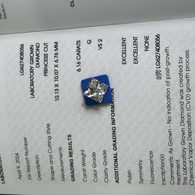Αγορά 6.16 Καράτ G VS2 2EX CVD Princess Cut Lab Δημιουργημένο Διαμάντι Πιστοποιημένο IGI online manufacture