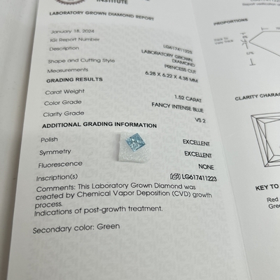 Αγορά 1.52CT Φανταστικό έντονο μπλε VS2 2EX Εργαστήριο CVD Μεγαλωμένο Διαμάντι Princess σχήμα OEM ODM online manufacture