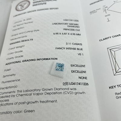 Αγορά 2.11CT Φανταστικό έντονο μπλε VS1 2EX CVD Εργαστήριο Μεγαλωμένο διαμαντένιο Princess Cut online manufacture