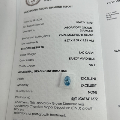 Αγορά 1.4ct Εργαστηριακά κατασκευασμένα διαμάντια οβάλ κόψιμο CVD φανταχτερό φωτεινό μπλε VS1 2EX N IGI πιστοποιημένο online manufacture