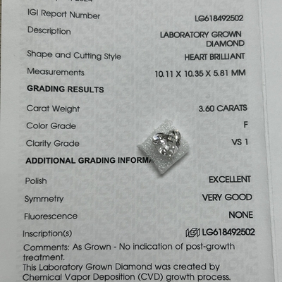 Αγορά 3.6ct Εργαστηριακά κατασκευασμένα διαμάντια Heart Brilliant Cut CVD F VS1 2EX N IGI LG618492502 online manufacture