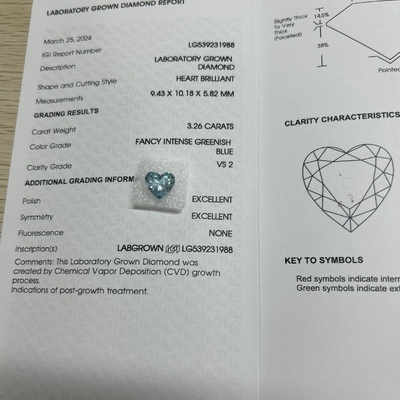 Αγορά 3.26ct CVD Σχήμα καρδιάς Εργαστήριο Διαμάντι Φανταστικό Εντατικό Πράσινο μπλε VS2 2EX N online manufacture