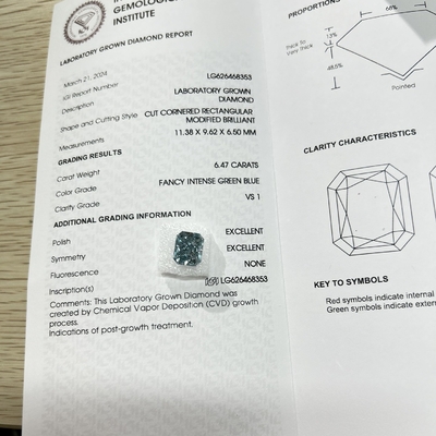 Αγορά VS1 6.47ct Εργαστήριο Made Blue Διαμάντια Radiant σχήμα HPHT Εργαστήριο Διαμάντια Fancy έντονο μπλε online manufacture