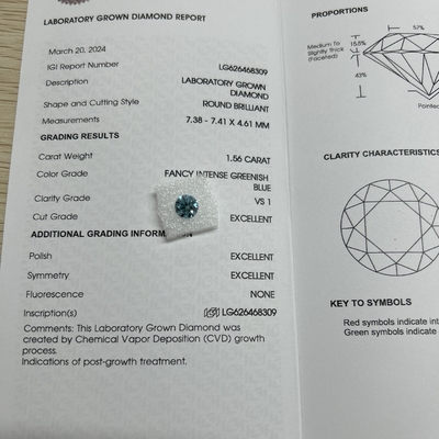 Αγορά 1.56ct Φανταστικό Εντατικό Πράσινο γαλάζιο Εργαστήριο Μεγαλωμένο Διαμαντένιο Στρογγυλό Κόψιμο CVD FVS1 3EX N IGI online manufacture