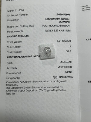 3.21CT E VS1 EX VG CVD Εργαστήριο Μεγαλωμένο Διαμαντένιο Αχλάδι Brilliant Cut Πιστοποιημένο IGI