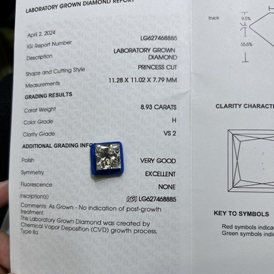 8.93CT H Χρώμα VS2 Διαύγεια 2EX Εργαστήριο CVD Μεγαλωμένο Πριγκίπισσα Κόψιμο Διαμάντι