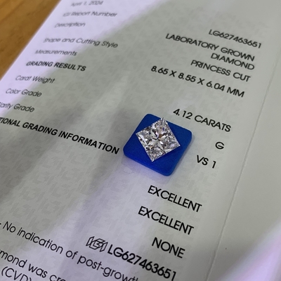 4.12CT G VS1 2EX CVD Εργαστήριο Δημιουργήθηκε Princess Cut Διαμάντι για την κατασκευή κοσμημάτων