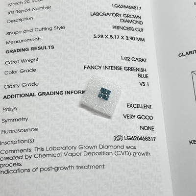 1.02CT Φανταστικό Εντατικό Πράσινο Μπλε VS1 EX VG CVD Εργαστήριο Μεγαλωμένο Διαμαντένιο Πριγκίπισσα Κόψιμο Πιστοποιημένο IGI