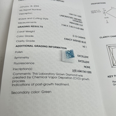 3.12CT Εντυπωσιακό έντονο μπλε εργαστηριακά κατασκευασμένα διαμάντια VS1 2EX CVD Princess Cut