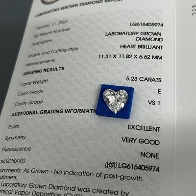 5.23ct Μεγαλωμένο Brilliance Διαμάντια Heart Cut CVD E Χρώμα VS1 Διαφάνεια 2EX N IGI