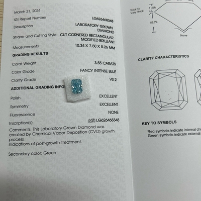 3.55ct VS2 Συνθετικό Μπλε Διαμάντι Εργαστήριο Μεγάλωσαν Διαμάντια HPHT Φανταστικό Ζωστό Μπλε