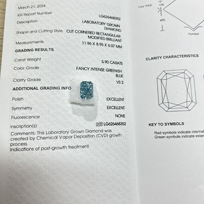 Εργαστηριακά καλλιεργημένα ακτινοβολούμενα διαμάντια, δημιουργημένα από εργαστήρια, φανταχτερά, έντονα, πράσινα, μπλε 5.9ct VS2