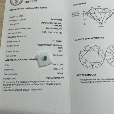 Καράτι 1.11ct Διαύγεια VS2 Εργαστήριο δημιουργήθηκε Μπλε Διαμάντι Στρογγυλό σχήμα
