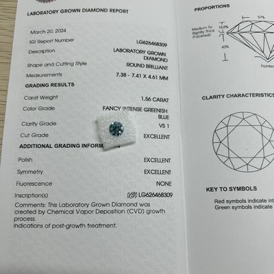1.56ct Φανταστικό Εντατικό Πράσινο γαλάζιο Εργαστήριο Μεγαλωμένο Διαμαντένιο Στρογγυλό Κόψιμο CVD FVS1 3EX N IGI